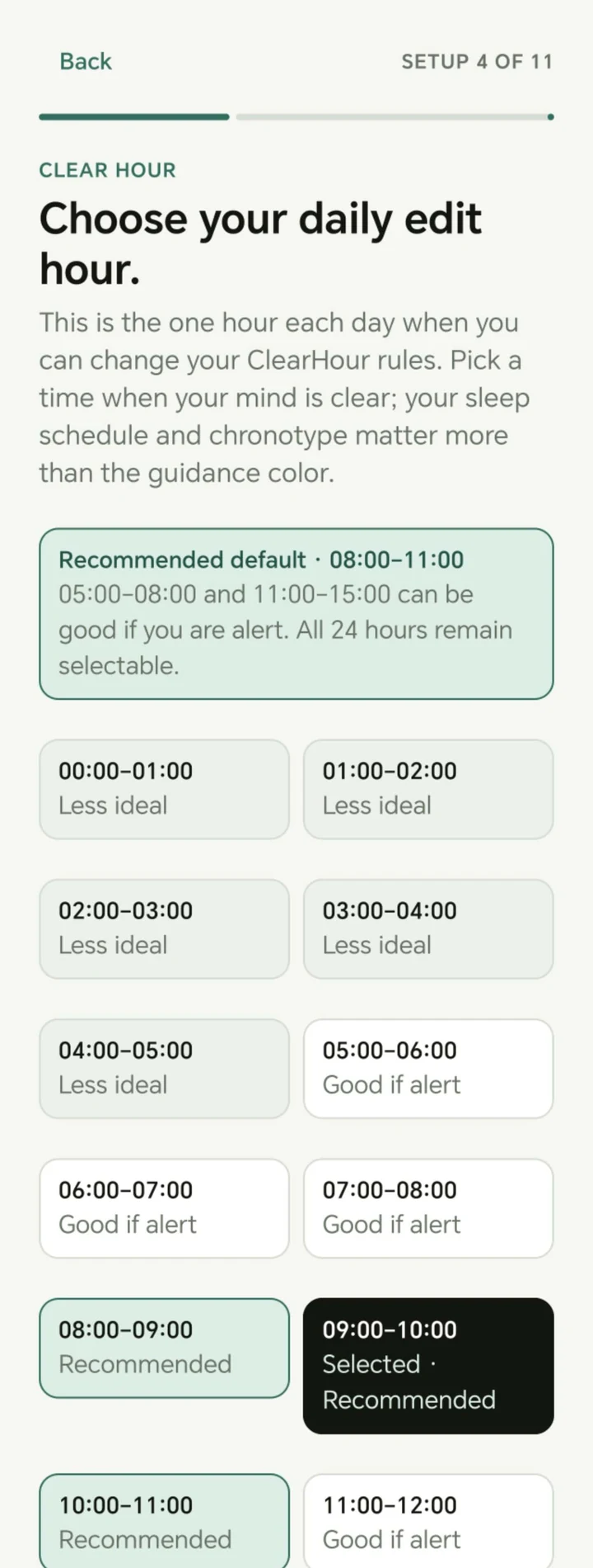 ClearHour setup screen for choosing the daily one-hour period when app rules can be edited.