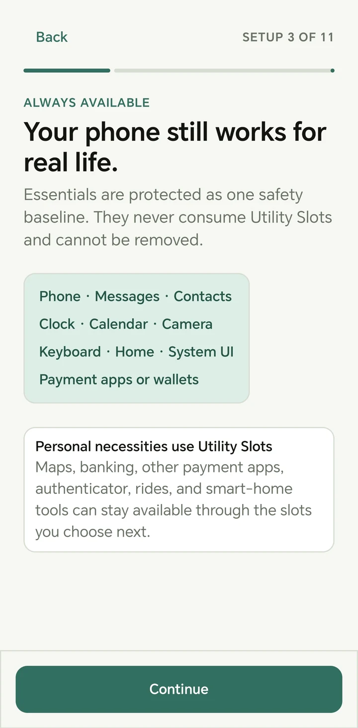 ClearHour screen explaining that calls, messages, alarms, calendar, camera, keyboard and payment essentials remain available.