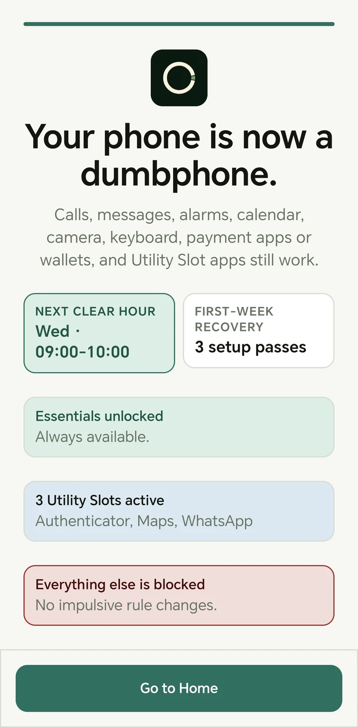 ClearHour: Dumbphone OS activation screen showing essentials available, three Utility Slots active and everything else blocked.