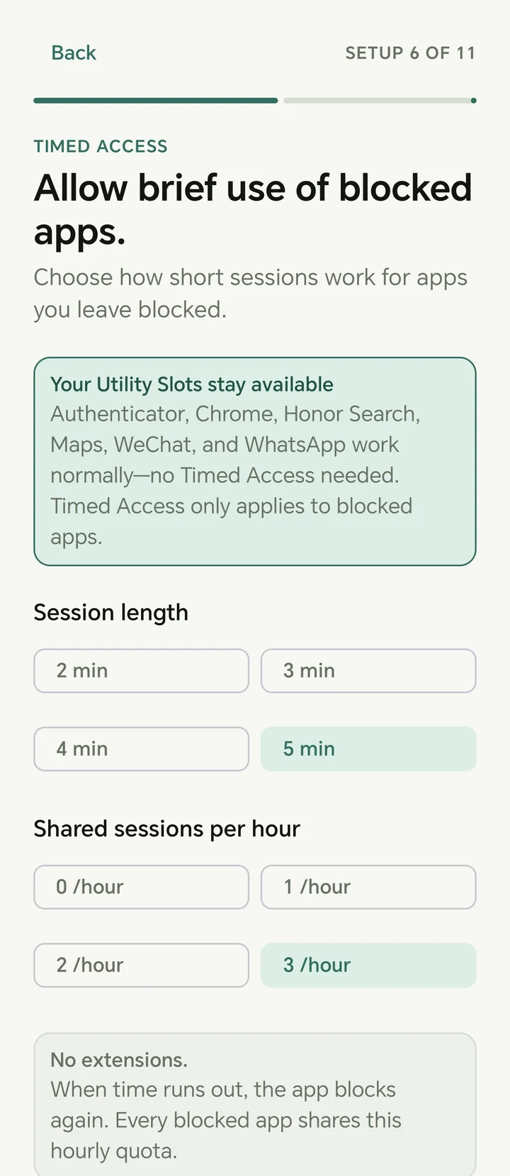 ClearHour setup screen for configuring brief Timed Access sessions for blocked apps.